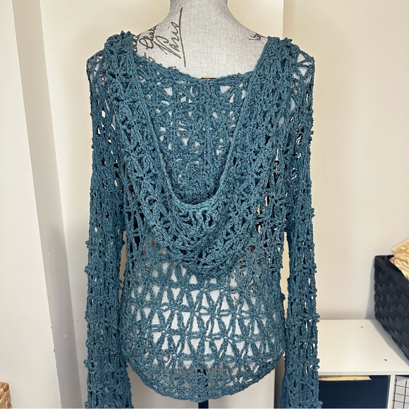 Free People Crochet Hooded Teal Pullover Sweater /Large - Picture 8 of 12